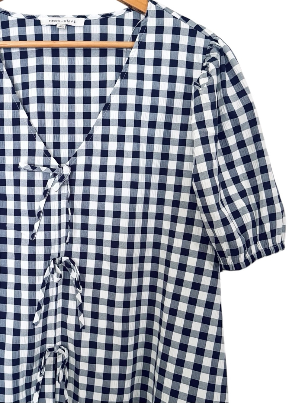 NWOT Rose + Olive Navy and White Gingham Tie-Front Puff Sleeve Top